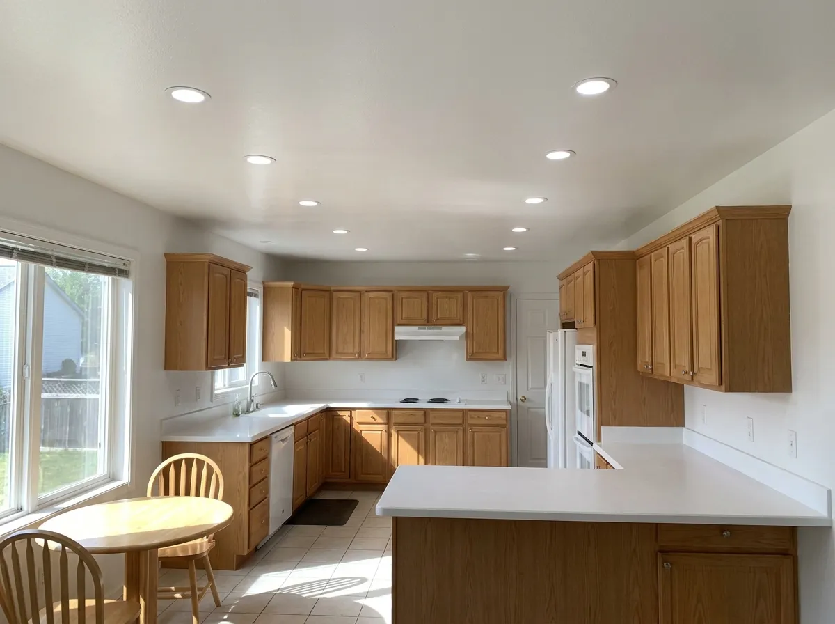 Cocina con techo blanco recién pintado sobre los gabinetes