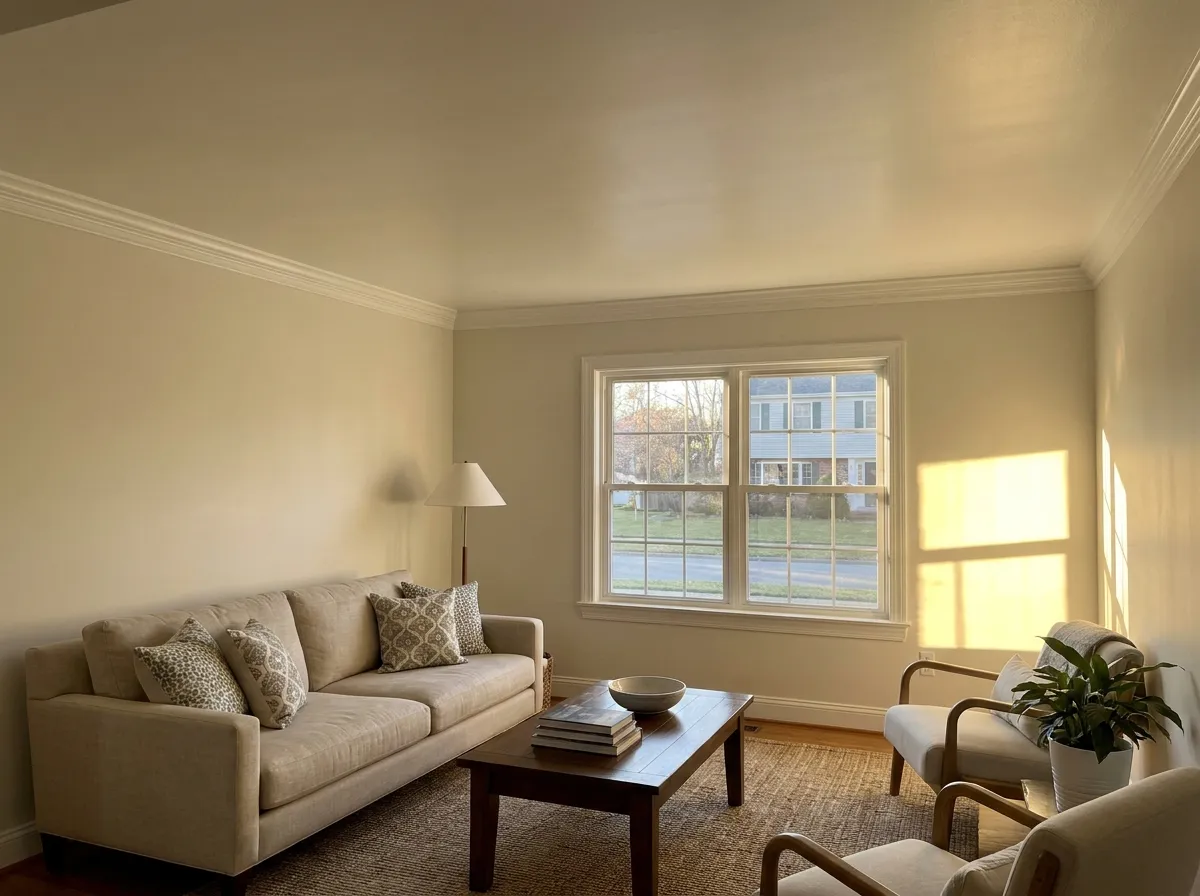 Sala con techo blanco recién pintado y luz natural, sin rastro de manchas