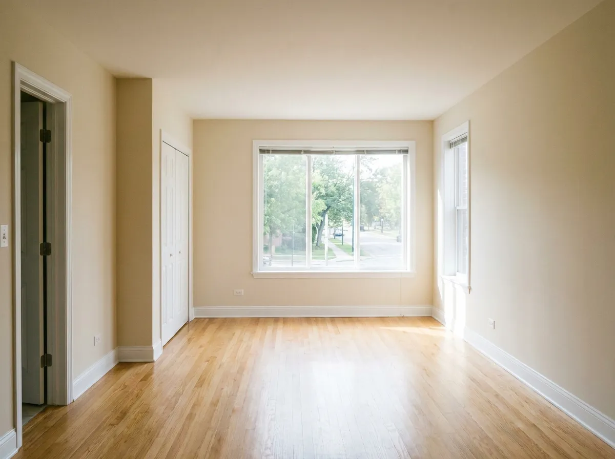 Cuarto vacío de apartamento con paredes color crema, molduras blancas y piso de madera