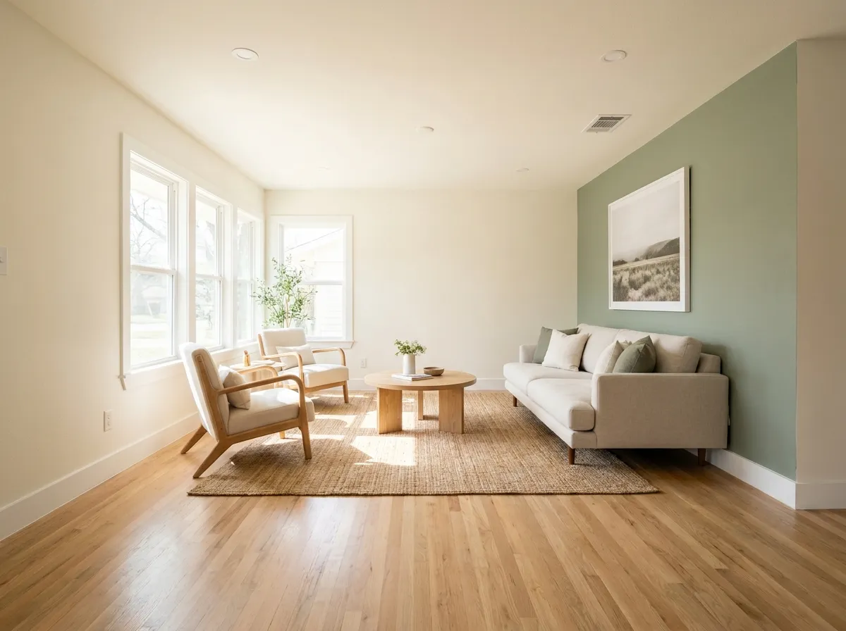 Sala recién pintada en tono claro con molduras blancas y muebles en su lugar