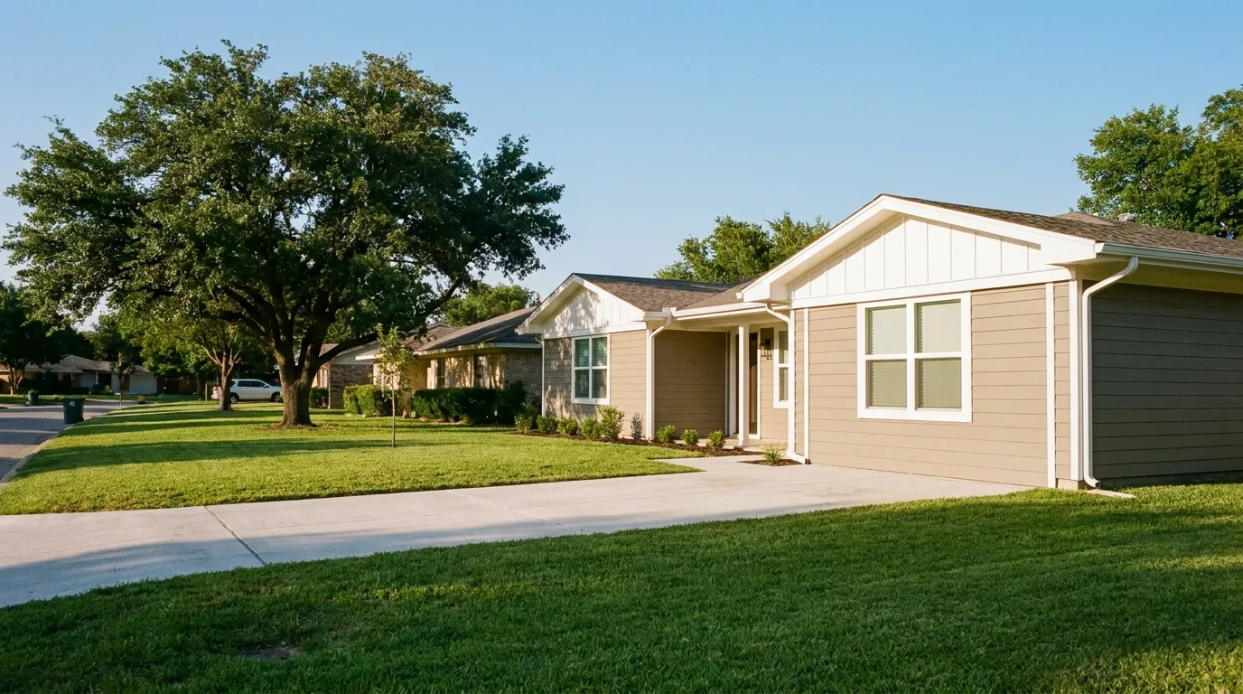 Casa de un piso con siding color greige y molduras blancas en un vecindario de Dallas