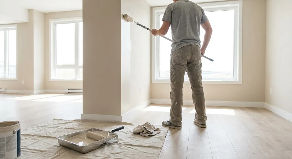 Pintor con rodillo pintando una pared de un apartamento vacío con el piso cubierto