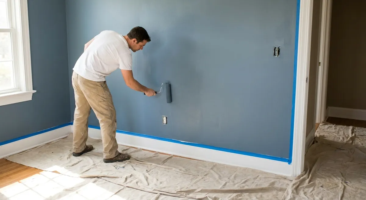 Pintor aplicando pintura con rodillo en una pared interior con el piso protegido