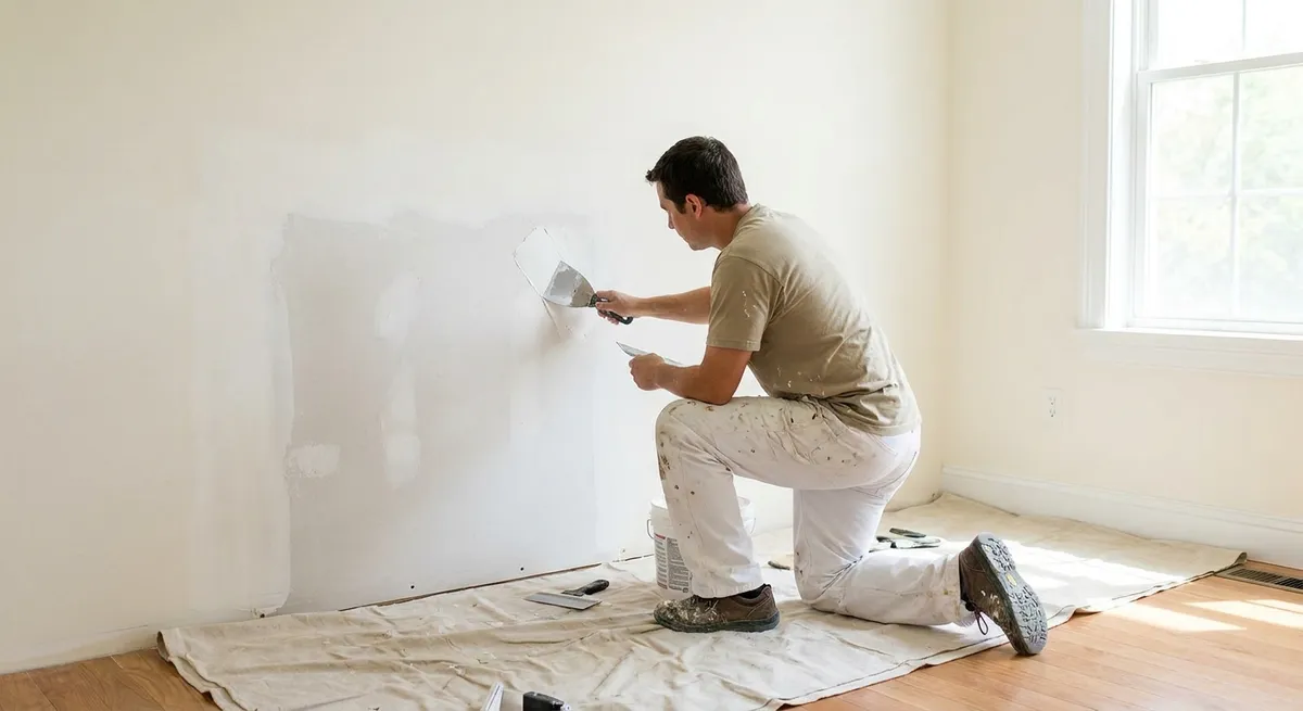 Pintor resanando una pared interior con espátula antes de pintar
