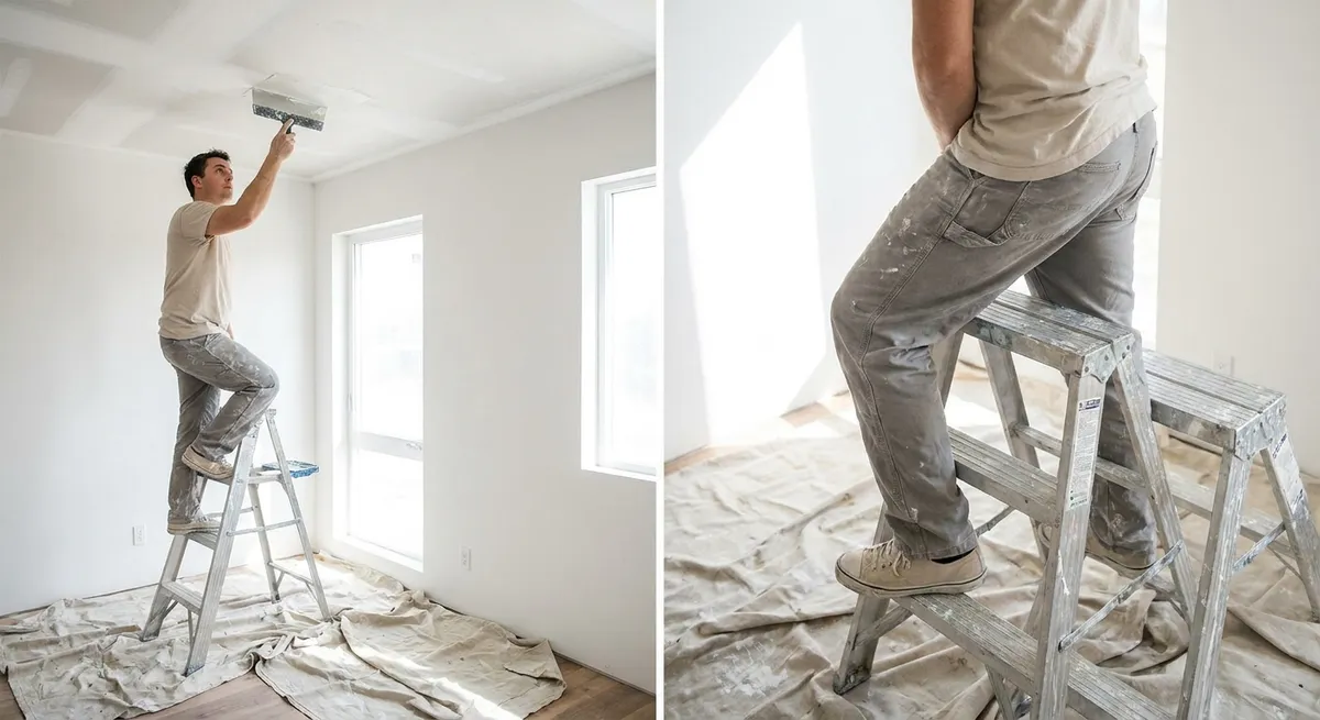 Reparación de drywall en un techo interior con la sección dañada reemplazada y resanada